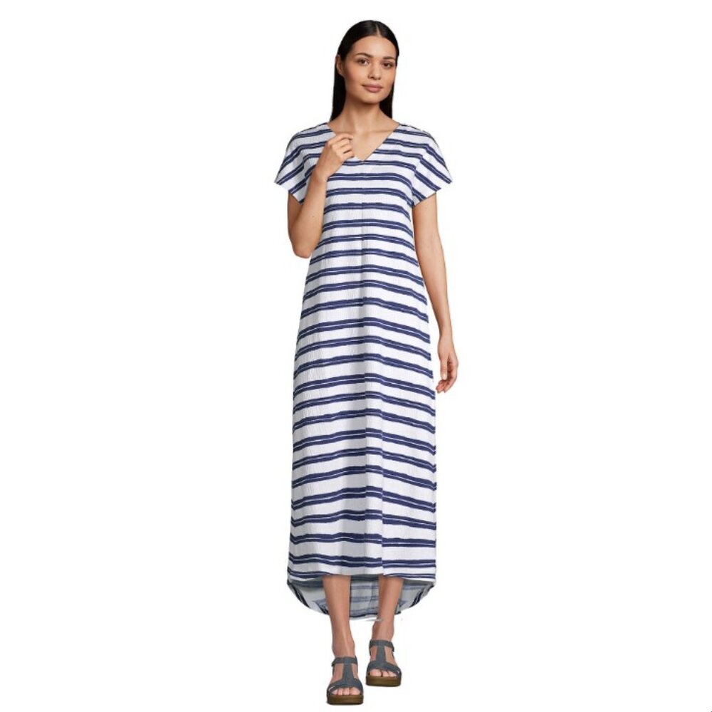 Women's Crinkle Knit Short Sleeve High Low Midi Dress -White Stripe Medium